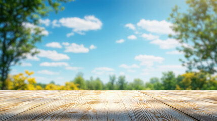 Canvas Print - Empty wooden tabletop with blurred spring trees and blue sky background