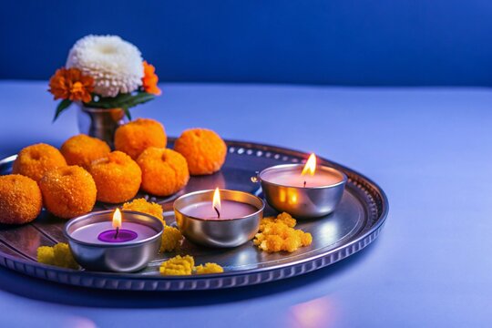 Flat bhai dooj background with food and candles
