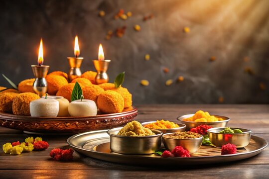 Flat bhai dooj background with food and candles