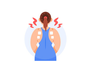 illustration of a woman applying a patch on her back. using a patch to reduce pain or soreness. backache. treatment and muscles. health problems. flat style character design. elements