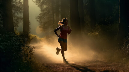 Wall Mural - A determined female runner sprinting along a forest trail at dawn,