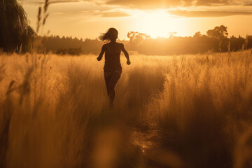 Wall Mural - A woman sprinting through a field of tall grasses as the sun rises behind her, s