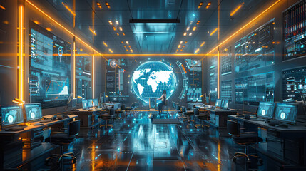 Poster - A high-tech open-plan workspace with employees working on futuristic computers,