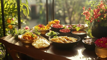 Poster - Various dishes with colorful garnishes, served on a wooden table with a blurred background of plants and flowers.