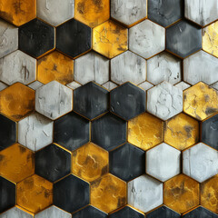 Aufkleber - An abstract arrangement of gold hexagons and black circles on a textured background,