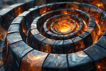 Aufkleber - A composition of golden spirals and black squares intertwined, creating an abstract vortex,