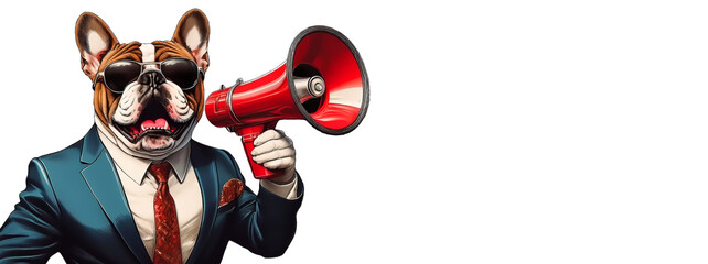 Retro style illustration of a dog businessman shouting with a megaphone