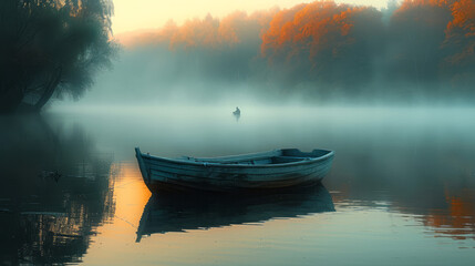 Poster - A serene foggy morning on a calm lake with a small wooden boat and a lone fisherman in the distance,