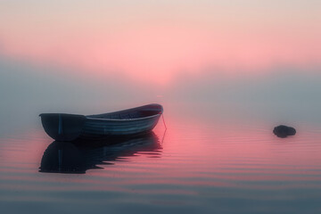 Poster - A tranquil lake at dawn, covered in a thick blanket of fog with a fishing boat barely visible in the distance,