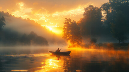 Poster - A lone fisherman in a small boat on a fog-shrouded lake at sunrise,