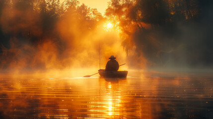 Poster - A lone fisherman in a small boat on a fog-shrouded lake at sunrise,