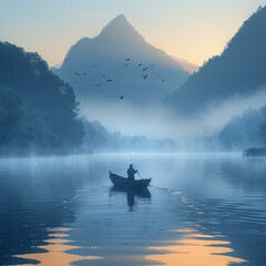 Poster - A fisherman in a small boat drifting on a foggy lake at dawn, with silhouettes of birds flying overhead,