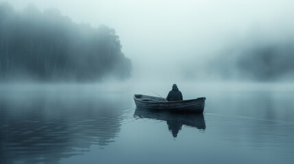 Poster - A misty lake with a solitary fisherman in a small wooden boat, surrounded by dense fog,