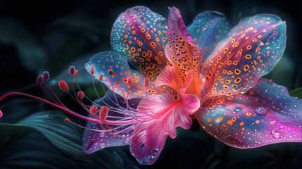 Poster - A dynamic burst of neon paints splashing into the form of an exotic orchid flower on a black background,
