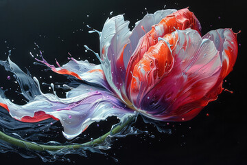Poster - Colorful splashes of red, white, and purple paint colliding to create a tulip shape against a dark background,