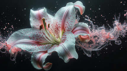 Poster - An abstract paint explosion forming the petals of a lily on a black backdrop,