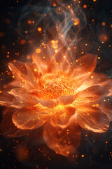 Leinwandbilder - An intense burst of golden and orange paint splashes taking the shape of a marigold flower on a deep black background,