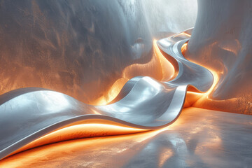 Aufkleber - A twisted, ribbon-like 3D structure with metallic textures, softly lit from above,