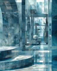 Aufkleber - An abstract geometric 3D shape composed of interlocking cubes and spheres, bathed in soft, diffused light,