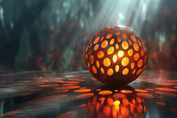 Poster - A spherical 3D element with intricate patterns, softly glowing from within,