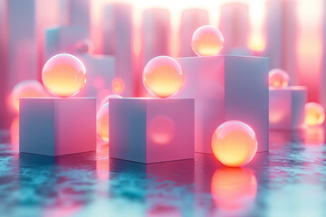 Aufkleber - A 3D floating cluster of abstract geometric shapes softly illuminated by gentle, ambient lighting,
