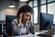 © Tamii - Stress, business and black woman with headache in office for administration, burnout and brain fog of project. Tired, worker and computer with eye strain, migraine and anxiety of deadline pressure