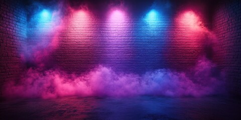 Poster - Empty room with dark brick wall bathed in purple and blue neon glow