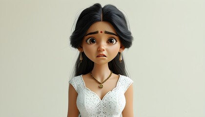 Wall Mural - Stressed Indian Woman Cartoon Character in White Dress, 3D Style, Conveying Emotional Distress and Anxiety Against a Light Background