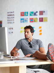 Aufkleber - Creative, man and research at desk in office for project budget planning, information and review. Business, workplace and athletics administrator with computer for online report, feedback and notes