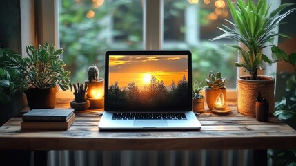 Wall Mural - Laptop on a Wooden Desk with Sunset Background