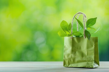 Eco-Friendly Shopping Bag Concept with Leaves and Vines on Green Background Symbolizing Sustainable Consumerism