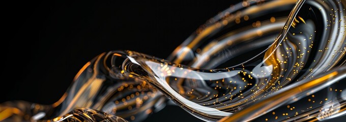 Wall Mural - Wave of golden shiny glass. Colorful motion of light materialized in acrylic, epoxy, resin forming beautiful luminescence with light refraction. Artistic, business, research background, black backdrop