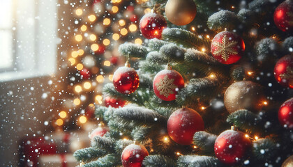 Wall Mural - A decorated Christmas tree in a snowy setting featuring red and gold ornaments hanging from its branches in a soft blurred lights in the background