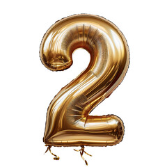 shiny gold foil number two balloon floats on white