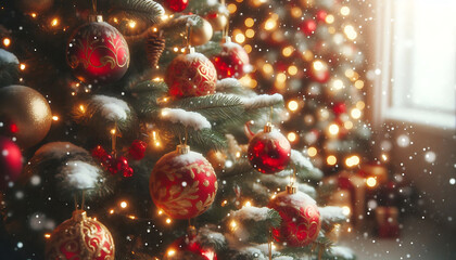 Wall Mural - A decorated Christmas tree in a snowy setting featuring red and gold ornaments hanging from its branches in a soft blurred lights in the background