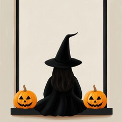 A witch is sitting in a window with two pumpkins and a black hat