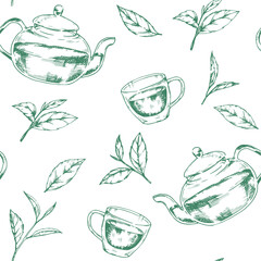 seamless pattern of green tea leaves and teapot with cup of tea. illustration in sketch style