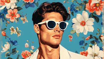 Wall Mural - Chic Pop Art Portrait of Dapper Man in White Sunglasses Surrounded by Vibrant Blue Floral Motifs and Retro Fashion Elements