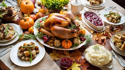 Wall Mural - Thanksgiving dinner table, Roasted turkey and traditional side plates