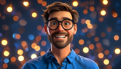 Wall Mural - Joyful Cartoon Character with Big Glasses and Blue Shirt Against a Light Background - 3D Style Representation of Human Emotions and Expressions