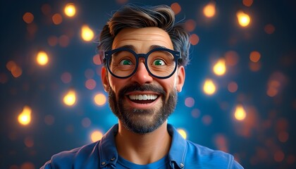 Wall Mural - Joyful Cartoon Character with Big Glasses and Blue Shirt Against a Light Background - 3D Style Representation of Human Emotions and Expressions