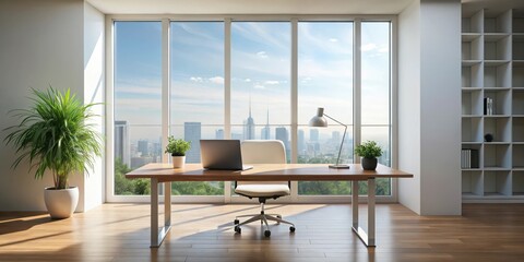 Minimalist desk with open space and blurry window background