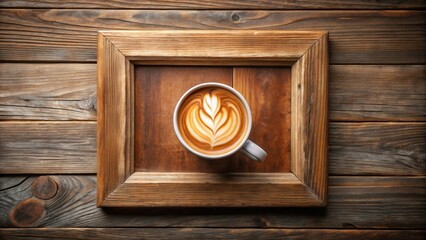 A hot latte coffee in a rustic wooden frame perfect for adding your message