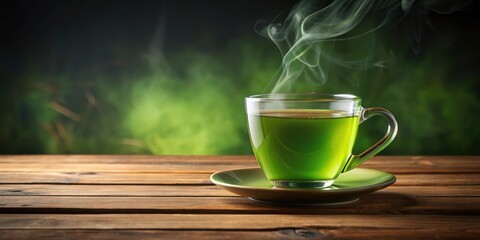 A realistic green tea mug with steam, sitting on a wooden table