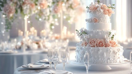 Design a digital artwork of a tilted view of a romantic wedding celebration with a focus on a intricately designed wedding cake and elegant table settings