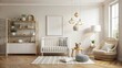 © Collection - Blank wall mock up in cozy nursery interior featuring Scandinavian style decor, render