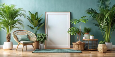 of a mockup poster frame in a modern Caribbean-style tropical interior