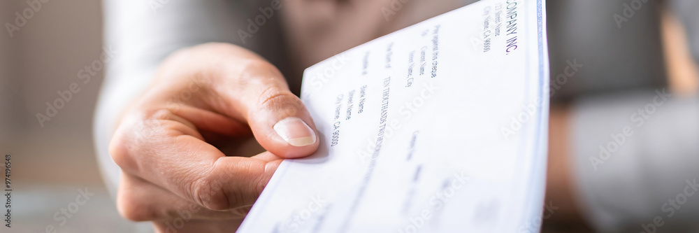 Forward Checking By Hand Hand giving paycheck, check, cheque Stock Photo | Adobe Stock