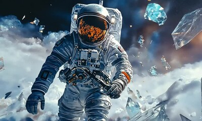 Wall Mural - Astronaut Floating Among Crystals in Space with ai generated.
