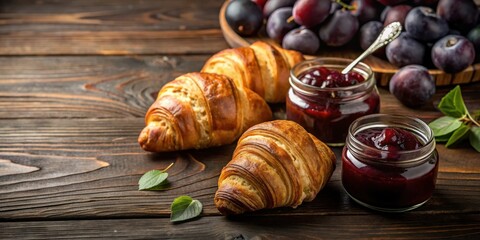 Wall Mural - Croissants and plum jam arranged beautifully on a dark wooden table with space for text